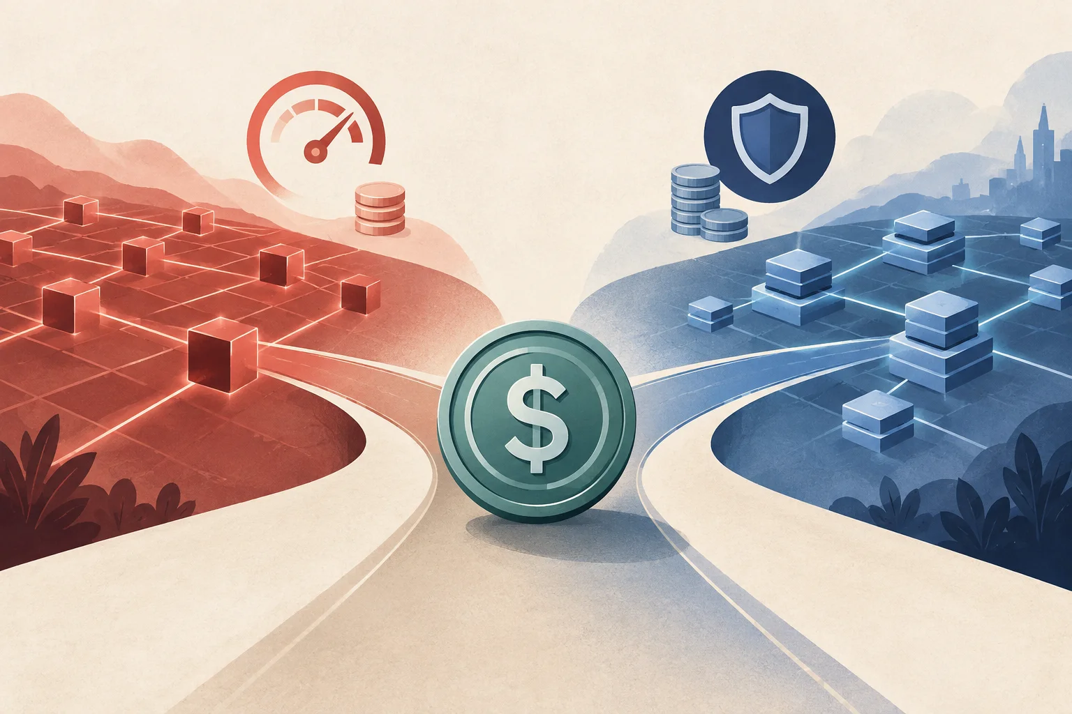 Ilustração conceitual de um ativo digital diante de duas rotas blockchain, uma em tons vermelhos e outra em tons azuis