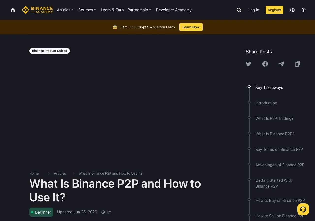 Captura real del recurso oficial de Binance Academy sobre el funcionamiento y las protecciones de P2P