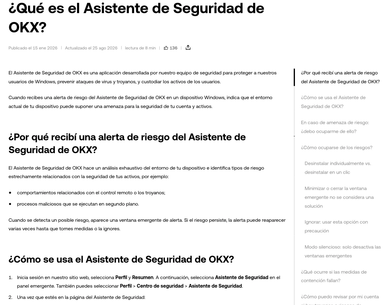 Captura real de la guía oficial de OKX sobre el Asistente de Seguridad, con la función de alerta de riesgo del dispositivo