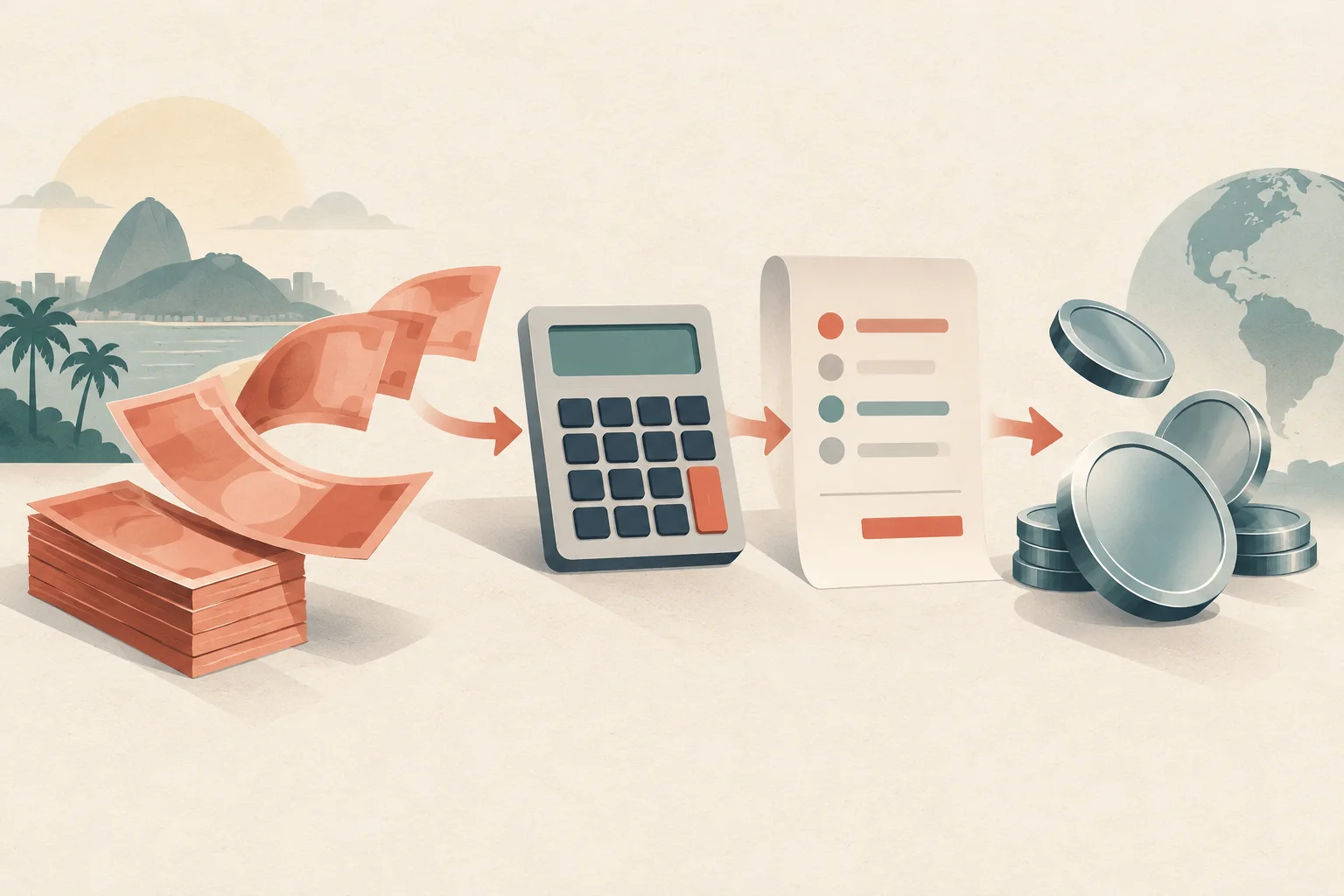 Ilustração conceitual de reais passando por uma calculadora até se transformarem em ativos digitais, representando a composição do custo de compra